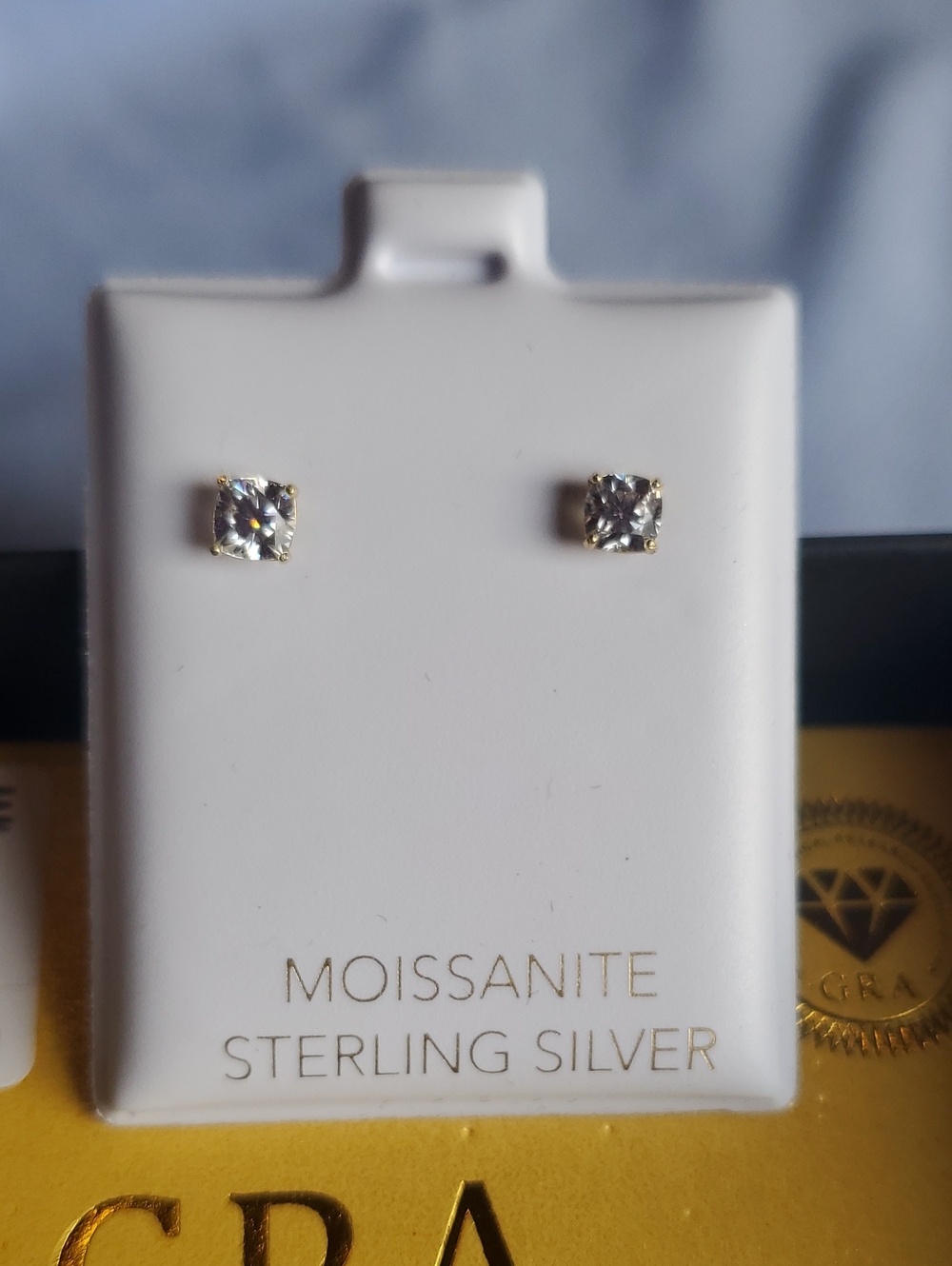 Moissanite Sterling Silver Square Stud Earrings - Clear/Gold